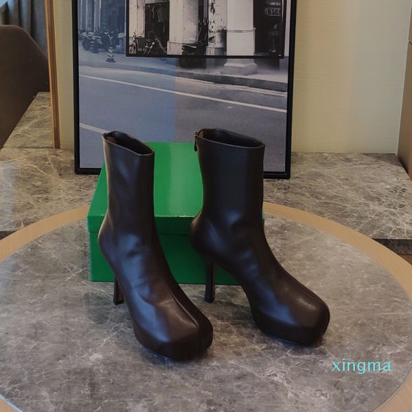 

brown 100mm high heel bold chunky platform boots calfskin leather shoes ankle boot stiletto heels square toes booties luxury designers, Black