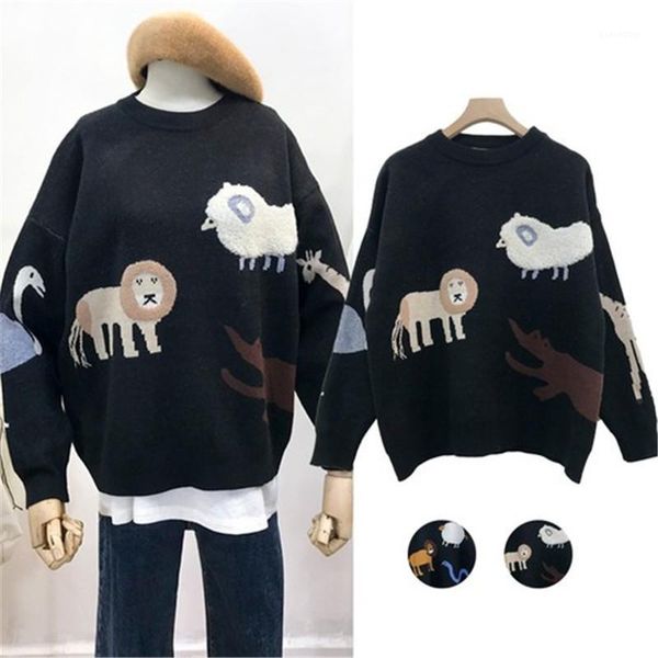 

women's sweaters 2021 sweater women fall winter korean lazy loose ins black cartoon animals pull femme nouveaute sweter pullover my-040, White;black