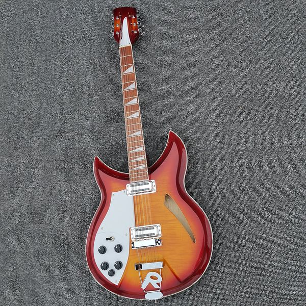 

new arrival 12 strings left hand electric guitar with semi-hollow body,cherry sunburst color,flame maple veneer