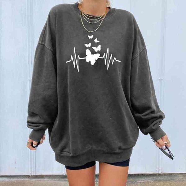 

butterfly wave print women hoodies autumn winter casual long sleeve hoody lady harajuku sweatshirt dropshipping, Black