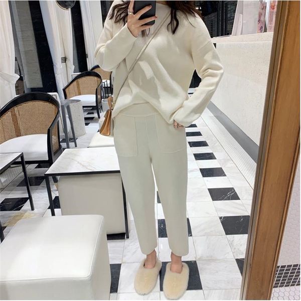 

autumn women suit warm cashmere sport sweater two piece knitted set casual tracksuit elegant jogger sweatsuit 210428, White