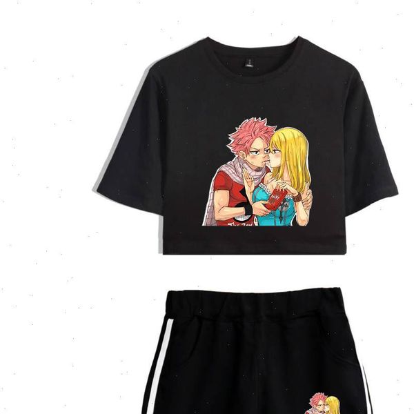 

anime fairy tail 2 piece womens tracksuits outfits crop track suit set and shorts ladies hip hop, Gray