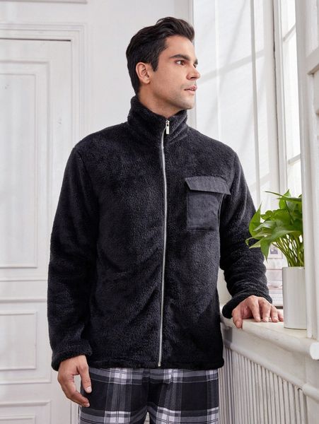 

men flap pocket teddy lounge a1ml#, Black;brown