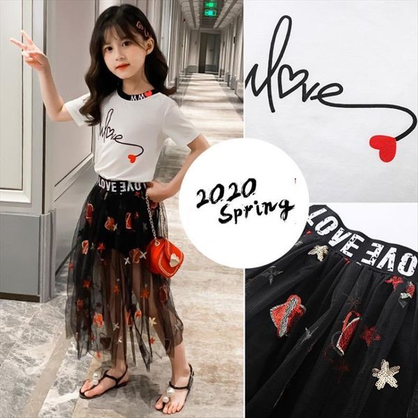

fashion summer kids 2pcs girl clothes sets teenage 6 8 10 12 14 years casual school t shirt tutu skirt, White