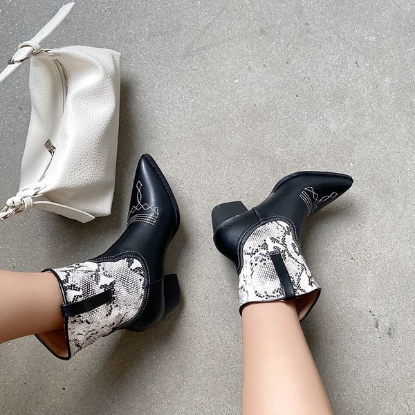 

dress shoes black white snake print women boots autumn winter retro western cowboy slim mid heel pointed personality ankle 57r2
