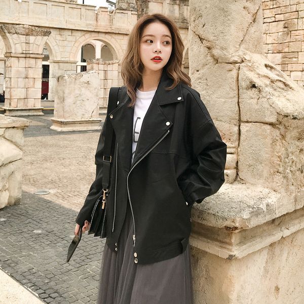 

fashion oversized coat women faux leather jacket spring autumn winter loose biker motorcycle jackets female punk streetwear 201120, Black
