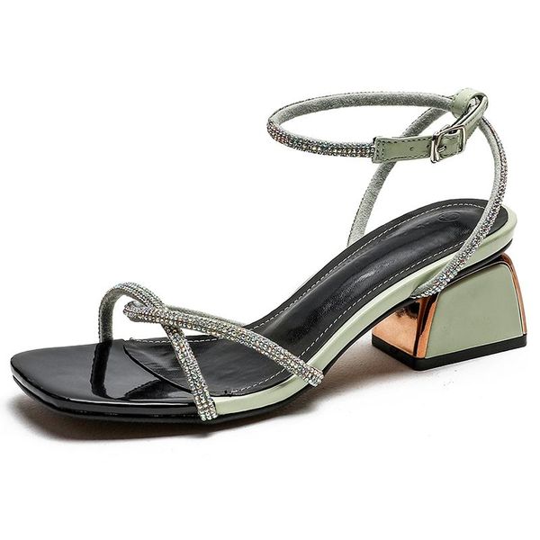 

korean sequins middle heel versatile sandals women's summer 2021 fairy style shoes with skirt fashion, Black