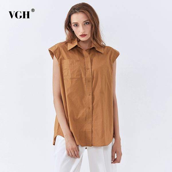 

vgh elegant loose shirt female lapel collar sleeveless ruched elegant casual bloues for female fashion clothes summer tide 210421, White