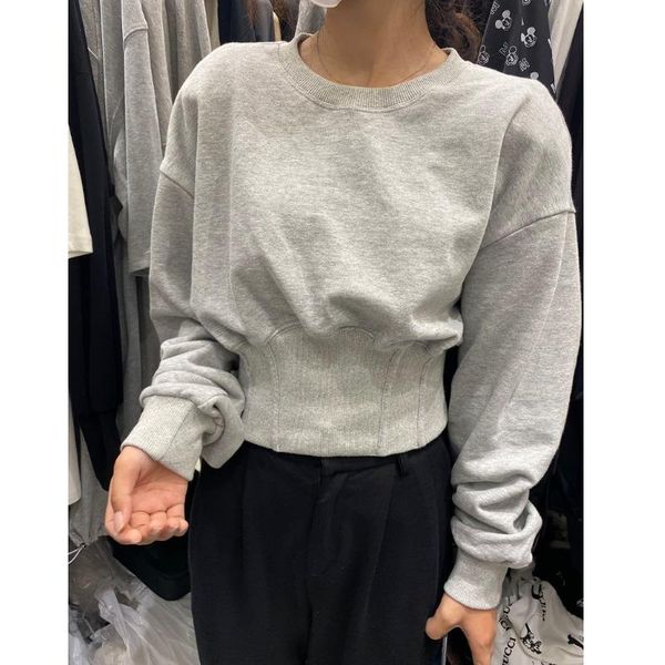 

women's hoodies & sweatshirts 2021 autumn and winter all-match short waist coat solid color long sleeve round neck pullover women, Black