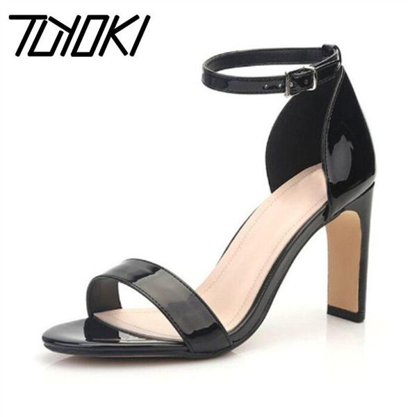 

tuyoki women sandals shoes fashion thick over high heels metal buckle pu leather solid lady footwear size 36-41, Black