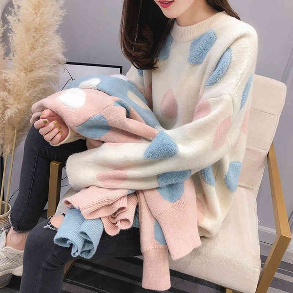 

women knitted pullovers sweater big dots casual loose autumn winter thicken soft knitwear coat for female 210524, White;black