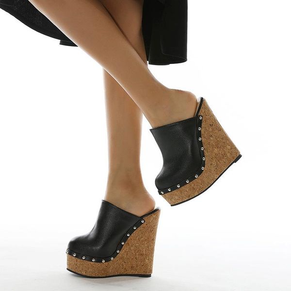 

shoes slippers soft women heels slides on a wedge pantofle rivet comfort high 2021 rubber fabric basic rome pu round toe super, Black