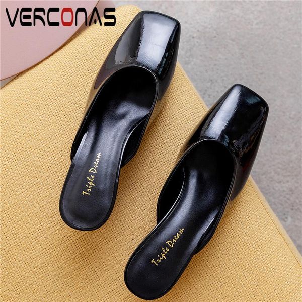 

women 2021 mules sandals arrival genuine leather shallow slippers thick heels round toe basic summer shoes woman, Black