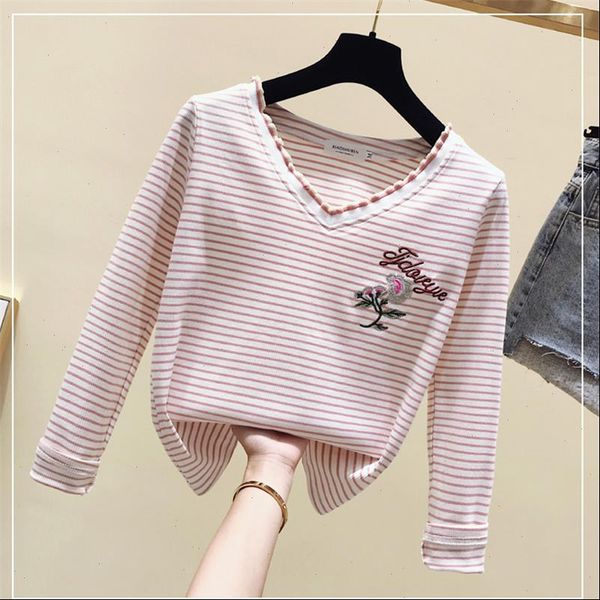 

womens t shirt striped shirts women long sleeve v neck female casual big size clothes, White
