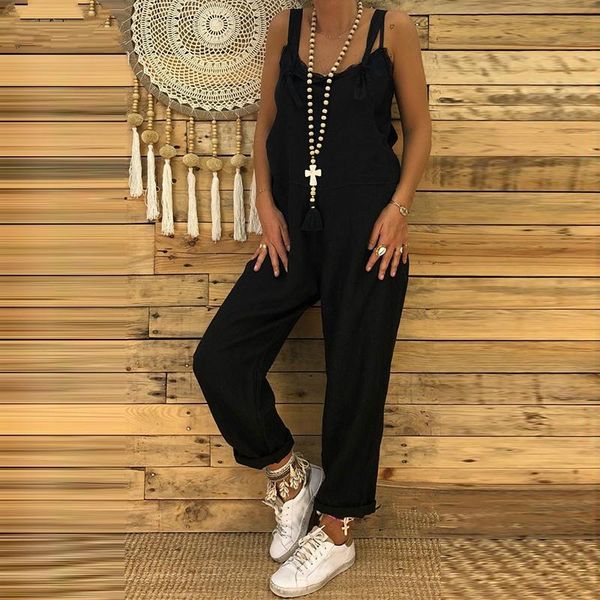 

women's jumpsuits & rompers s 5xl 2021 women casual solid strappy dungarees vintage cotton linen loose party long harem overalls, Black;white