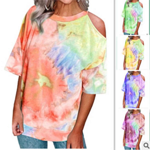 

women's t-shirt summer print tie dye v-neck short sleeve off shoulder for women lnan, White