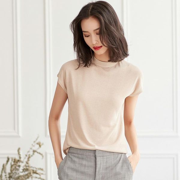 

women's t-shirt female short-sleeved ice silk sweater loose and thin half-high collar shirt half sleeve, White