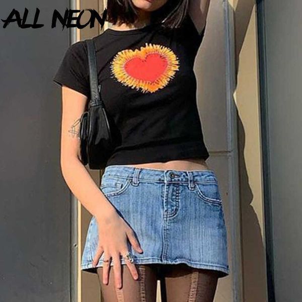 Allneon Y2K Streetwear Kalp Grafiği Siyah T-Shirt Vintage Sevimli O-Boyun Kısa Kollu Kırpılmış E-Kız Moda Kıyafetleri Slim Y0629 Tops