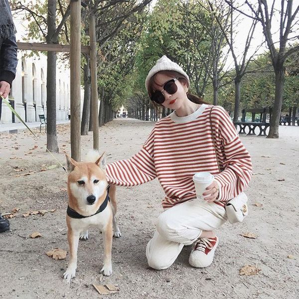 

women's two piece pants 2021 women autumn winter sets female o-neck striped sweater ladies high waist straight suits y515, White