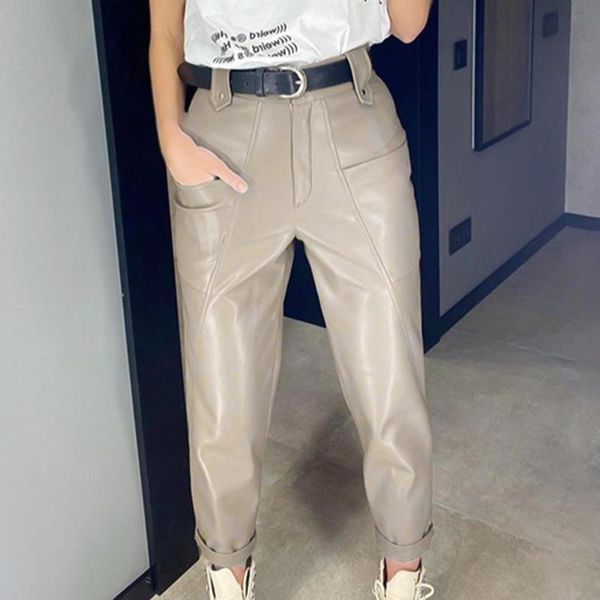 

women's pants & capris women fashion high waist pockets faux leather pencil trousers streetwear clothing, Black;white