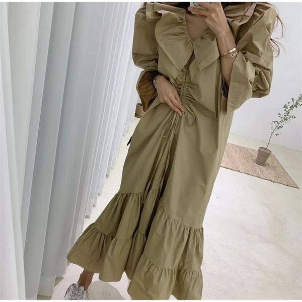 

fashion women's dress spring all-match western style lotus leaf collar puff sleeve 210520, Black;gray