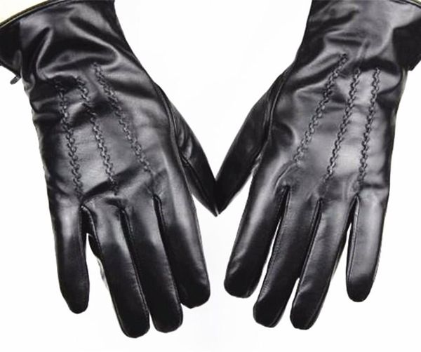 

fingerless gloves 2021 leather sheepskin men' straight button style velvet lining autumn and winter warm, Blue;gray