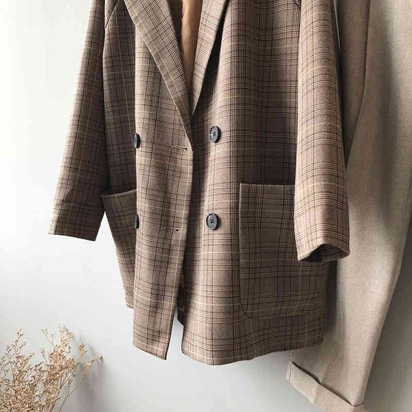 

women's suits & blazers shengpalae brown temperament female plaid blazer autumn notched loose double breasted long sleeve jacket 53508, White;black