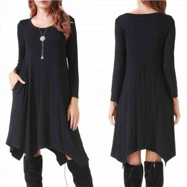 

cotton autumn winter womens dress long sleeve black streetwear pocket solid irregular loose plus size casual dresses, Black;gray