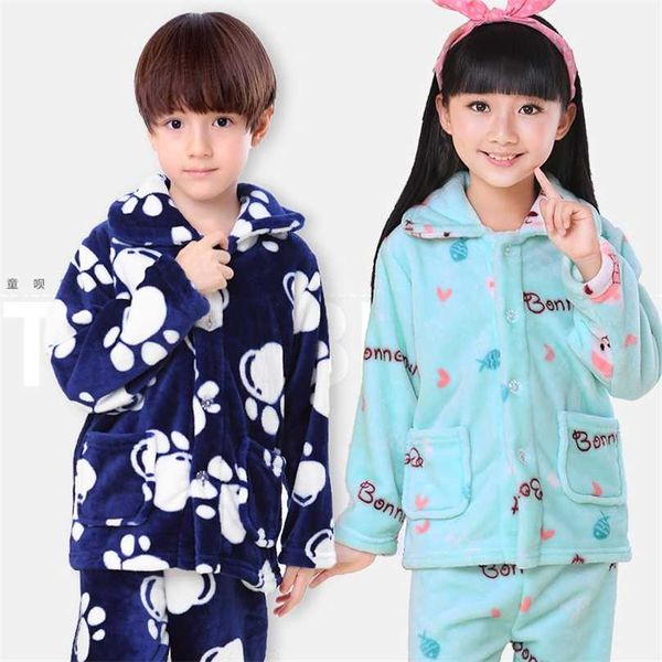 Inverno Kids Pijamas Flannel Sleepwear Meninas Meninos Pijamas Coral Fleece Pijamas Conjuntos 3-13 Roupas Nightwear / Homewear 211105