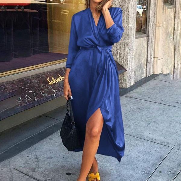 

casual dresses fashion women elegant party dress 2021 celmia long sleeve v-neck asymmetrical maxi sundress solid satin vestido, Black;gray