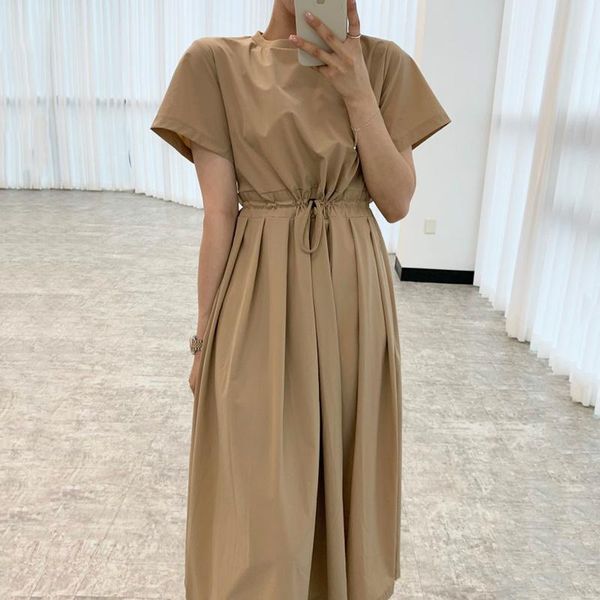 

casual dresses korean chic dress minimalism neck color drawstring waist design woman long skirt, Black;gray