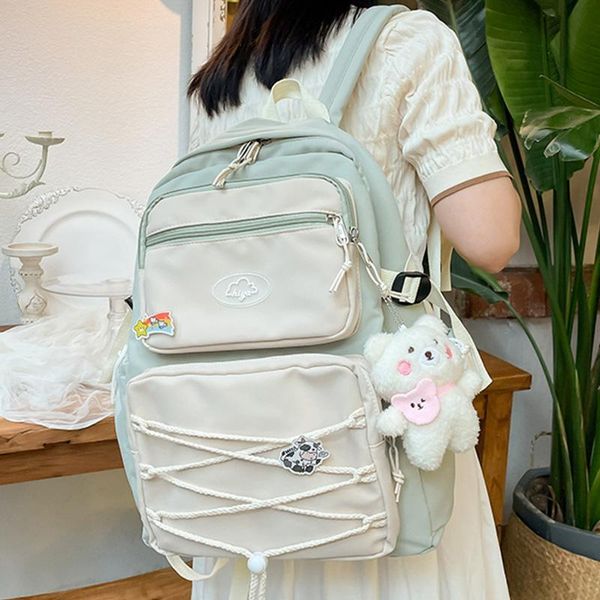 

school bags est contrast color kawaii pendant strings backpack for women large capacity schoolbag book travel back pack waterproof nylon bag