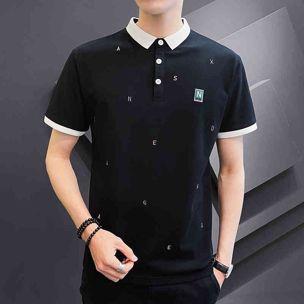 

browon new fashion letter embroidery men t shirt short sleeve turn-down patchwork clothes summer casual slim korean men clothing 210421, White;black
