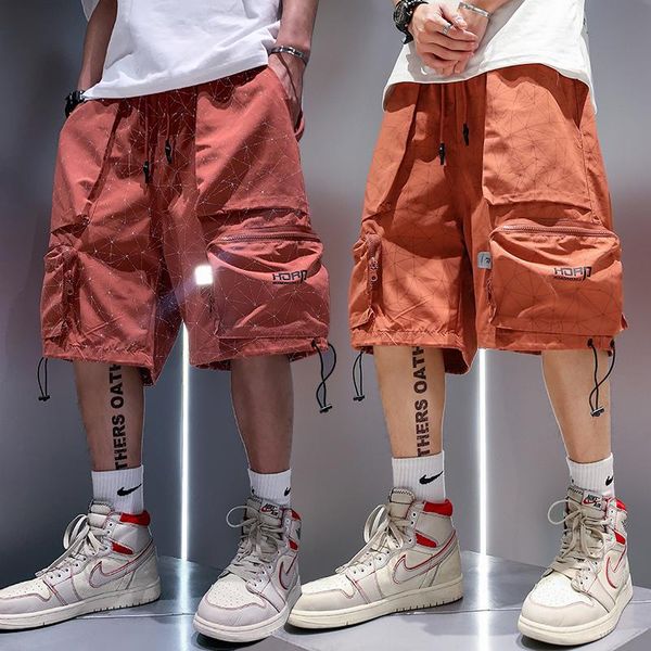 

men's shorts summer loose hip hop plus size cargo men streetwear korean casual reflective sweatpants oversized straight sports pants, White;black
