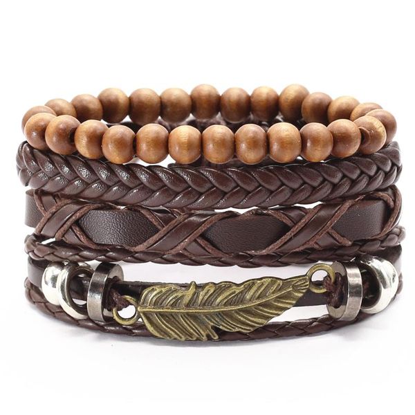 

tennis 4 pcs/set brown black leather bracelets men women alloy bronze feather tree hooks charm wood beads femme homme male jewelry, Golden;silver