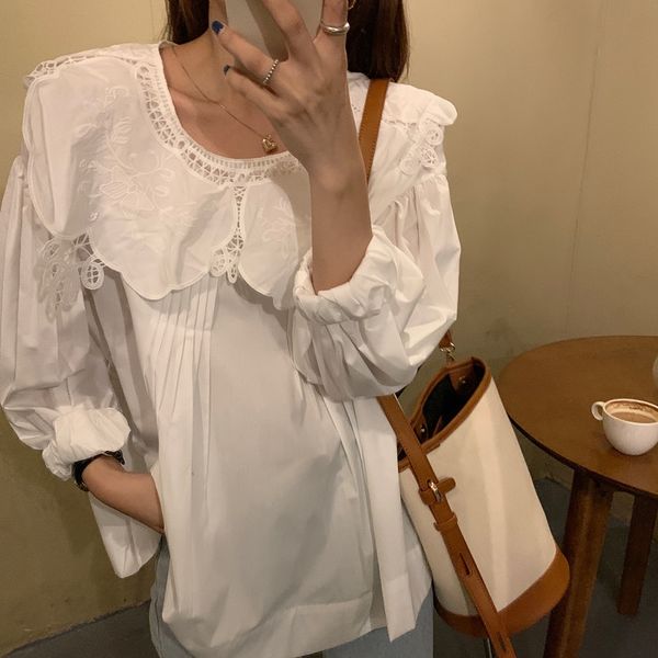 

blouses arrival vintage autumn blouses hollow out doll collar fashion lantern sleeve stylish elegance women shirts, White