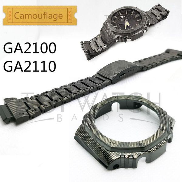 

watch bands camouflage for metal ga2100 bezel set customize stainless steel watchband ga2110 band strap belt ga-2100 tools, Black;brown
