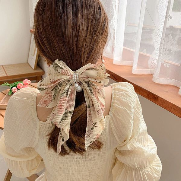 

flower bow tie headdress clip pearl hairpin back hair trim 211624, Pink