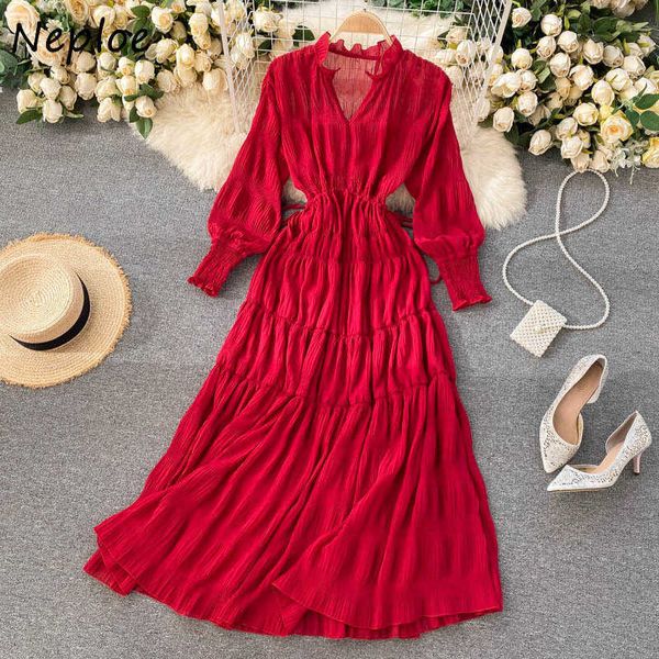 Neploe Böhmischen Stil Frauen Kleid Sets Puff Langarm Kordelzug Schlanke Taille Vestidos + Sommer Solide Slip Kleid Innen 2 stücke Y0726