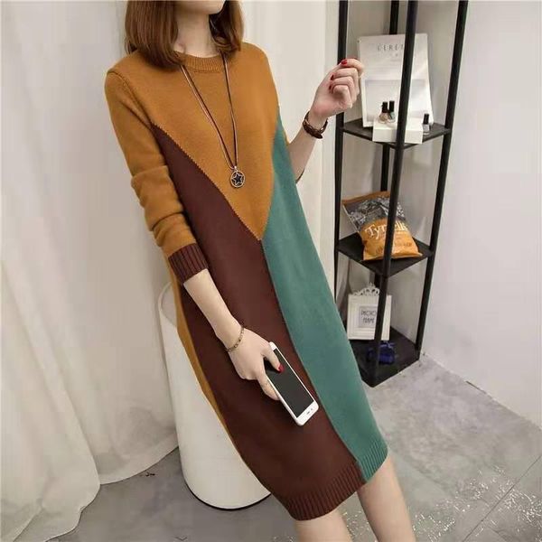 

casual dresses women autumn winter fashion patchwork knit dress female long korean style o-neck ladies loose sweater p48, Black;gray