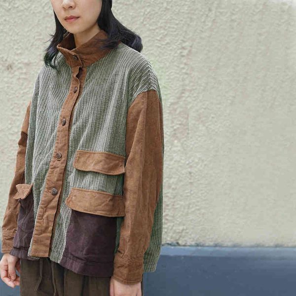 

johnature women corduroy vintage parkas stand patchwork color pockets button coats winter female thick warm parkas coat 210521, Black