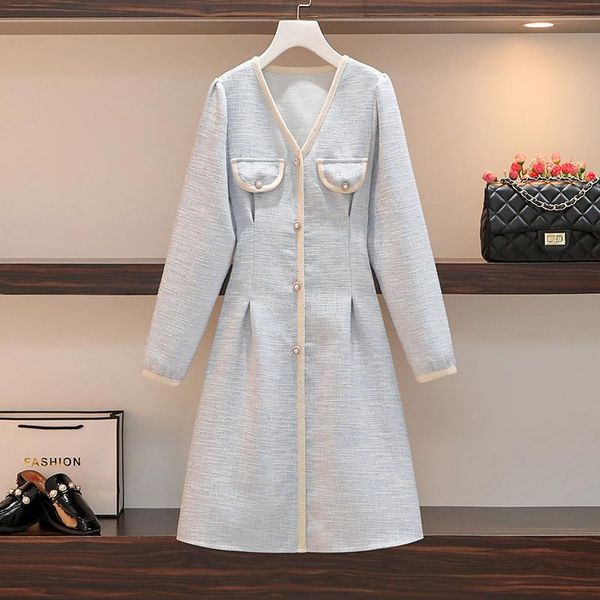 

casual dresses runway women's vintage long sleeve dress autumn fall fashion office ladies elegant pearl button tweed vestidos, Black;gray