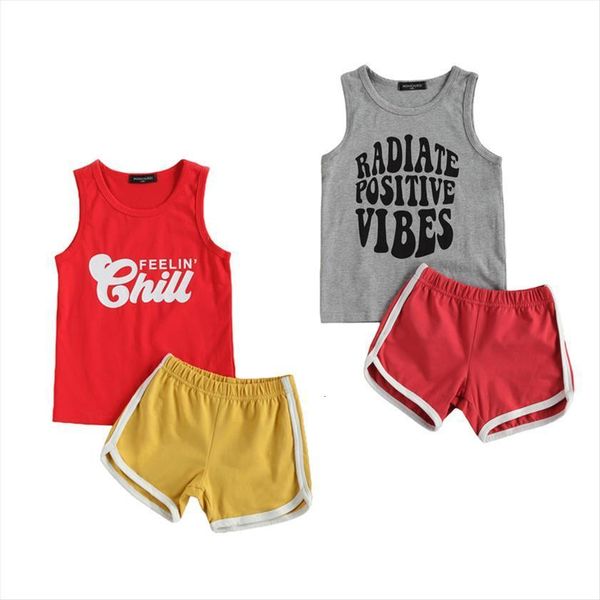 

1 6y summer causal kids girls boys clothes sets 2pcs letter sleeveless pullover vest shorts, White