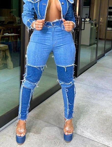 

patchwork skinny straight leg women jean high waist denim trousers color block street womens, Blue