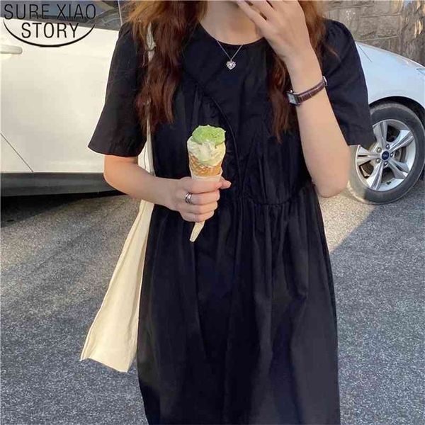 

korean fashion casual summer dress women long midi high waist pleated round collar black es loose vestidos 14034 210506, Black;gray