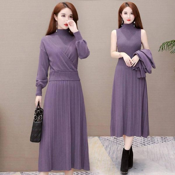 

casual dresses women long sleeve sweater dress 2 piece set women's autumn winter turtleneck a line knitted, Black;gray