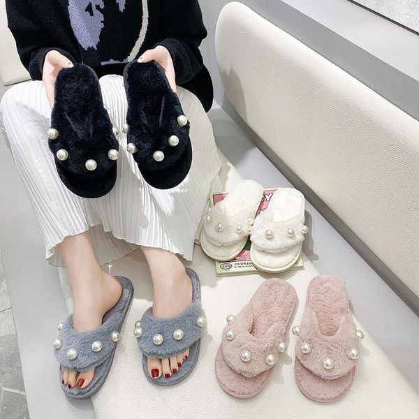 

slippers women's autumn and winter plush korean fashion pearl flat bottom comfortable women warm shoes, Black