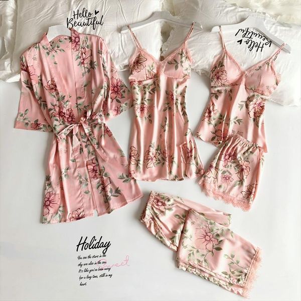 

printed flower pajamas set womens sleepwears loose kimono robe gown with belt lace tirm nightwear casual home clothing, Black;red