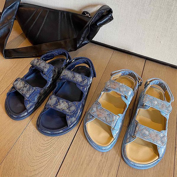 

luxury flat sandals womens shoe designer summer flats casual ladies fashion electric embroidered denim velcro sandal women shoes, Black