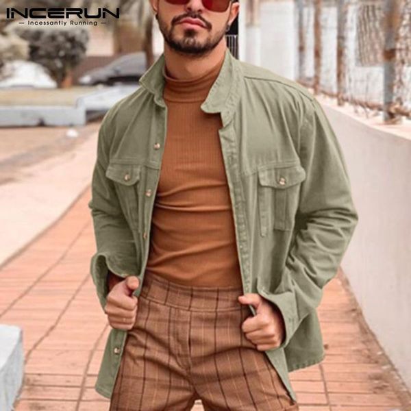 

men's casual shirts incerun solid color men shirt lapel vintage long sleeve streetwear camisa masculina 2021 autumn pockets clothing 5x, White;black